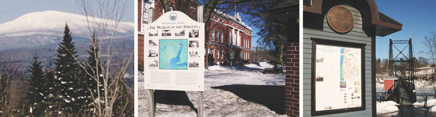 Image of historic building in Waterville Maine, a mountain with snow on it, and the Penny Memorial Bridge in Waterville Maine.