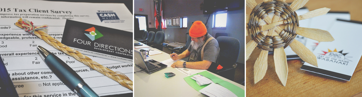 Man filling out form at a table, image of forms, and Wabanaki art piece.