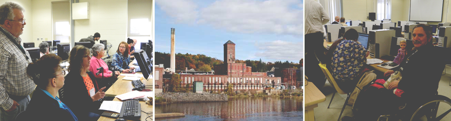 Picture of people doing taxes, paper mill, and a man in a wheelchair helping with taxes.