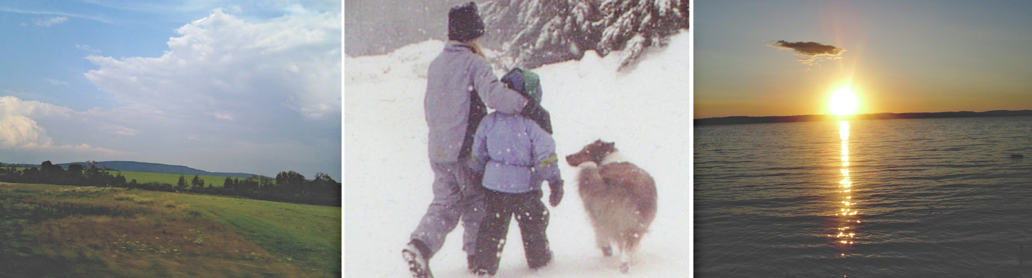 Image of a field, children walking in the snow, and a sunset over water.