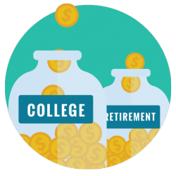 Image of money dropping into college and retirement jars