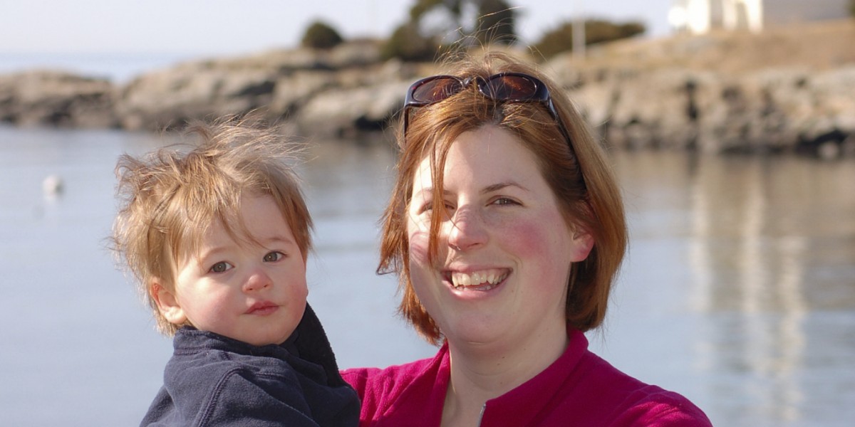 Mother and son on Maine coast