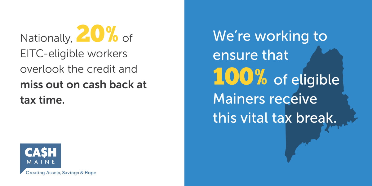 Nationallly, 20% of EITC-eligible workers overlook the credit and miss out on cash back at tax time. We're working to ensure that 100% of eligible Mainers receive this vital tax break. Cash Maine. Creating Assets, Savings & Hope.