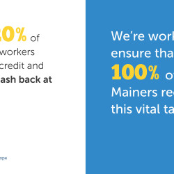 Nationallly, 20% of EITC-eligible workers overlook the credit and miss out on cash back at tax time. We're working to ensure that 100% of eligible Mainers receive this vital tax break. Cash Maine. Creating Assets, Savings & Hope.