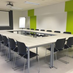 A room with green walls with a big table and chairs