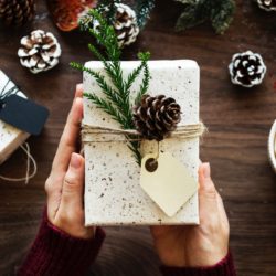 hands holding a gift decorated with fir cones and needles