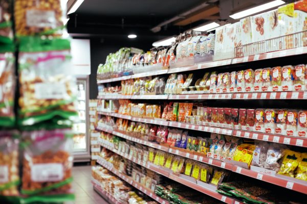 items on shelves in a grocery store