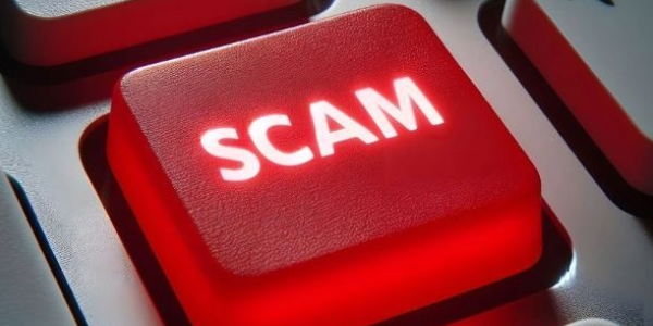red button with white writing that says SCAM