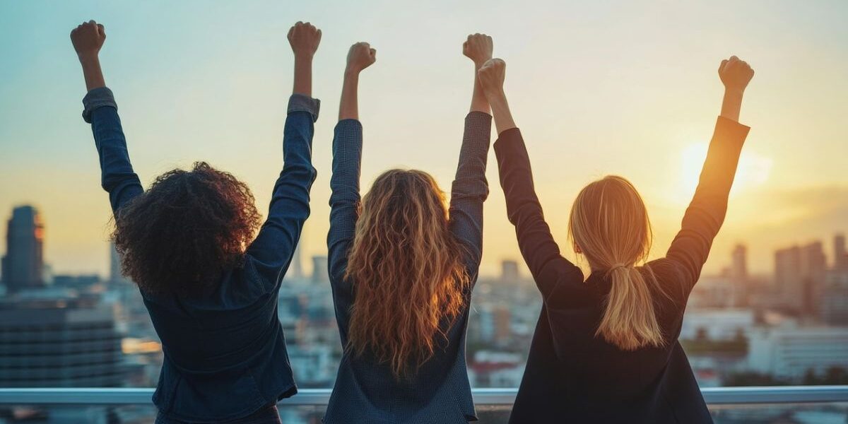 photo of three women with backs to camera facing the sun with arms raised
