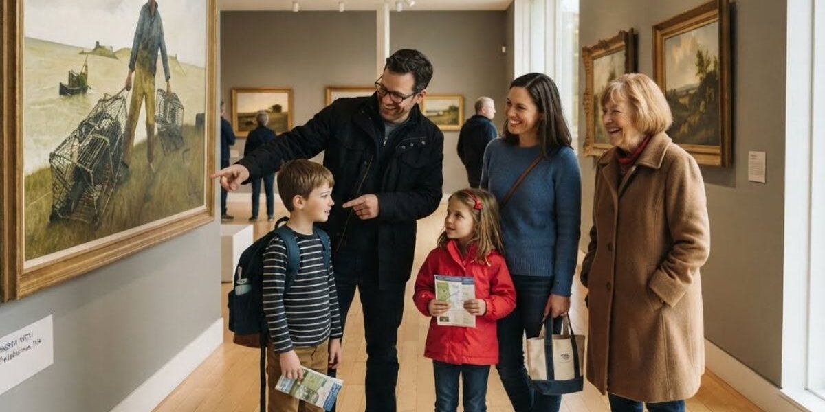 family of five including a grandmother are entering a museum