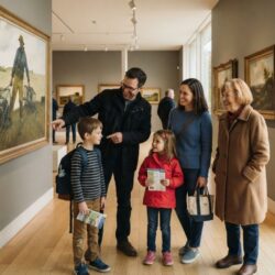 family of five including a grandmother are entering a museum